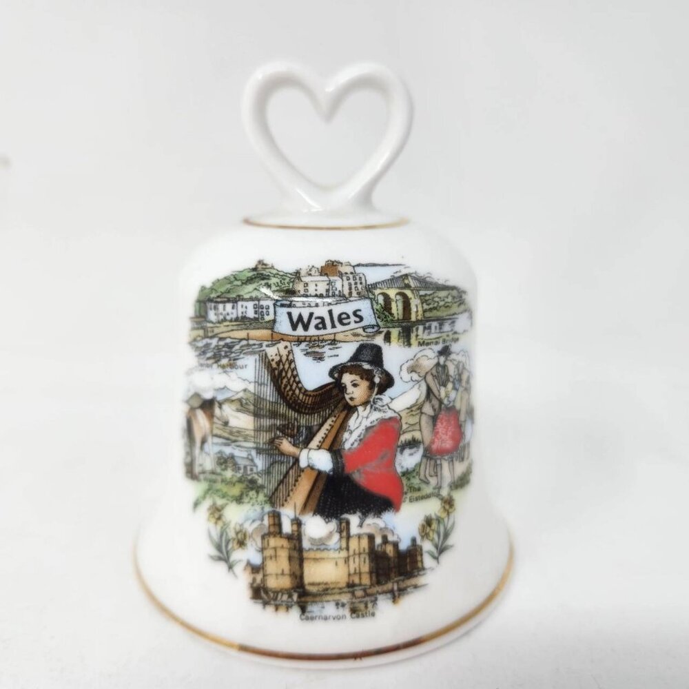Finsbury Fine Bone China Bell Vintage Wales With Heart Handle & Welsh Emblems